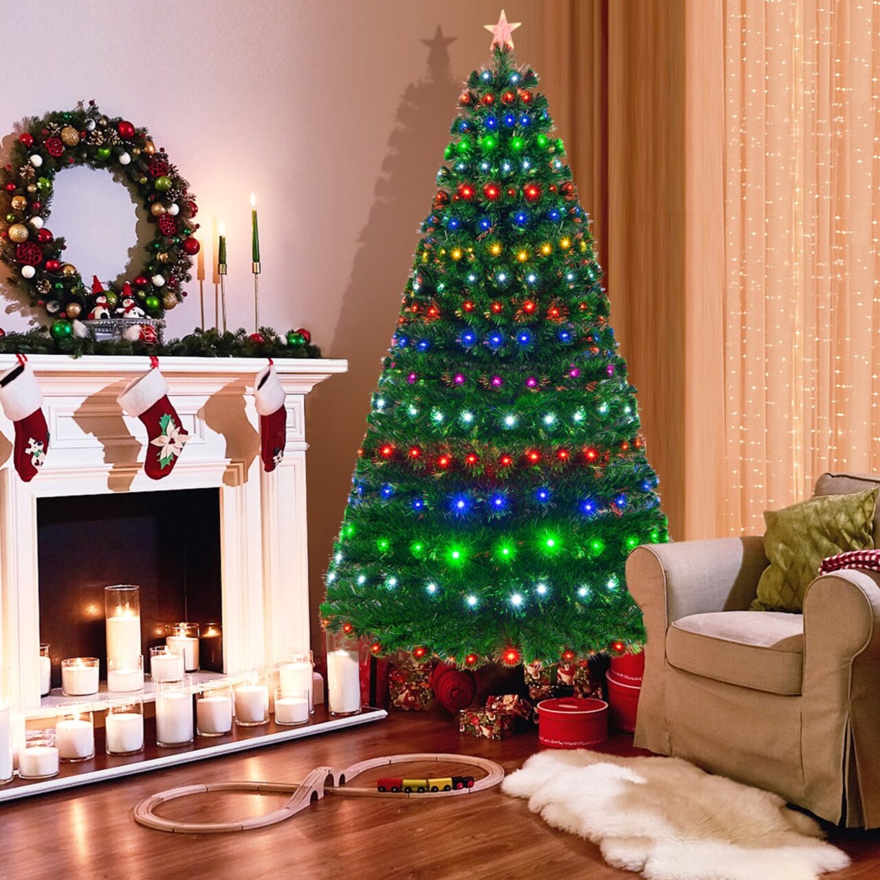 7Ft Pre-Lit Optical Fiber Christmas Tree W/ Colorful Led Lights Stand